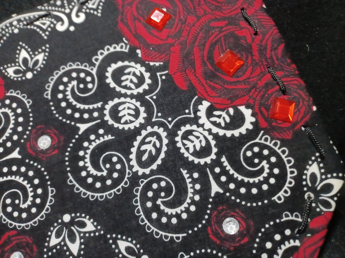 Black Bandana Car Visor with Red Roses & Gemstone Accents for Stylish Sun Protection - Dot's Car Visors