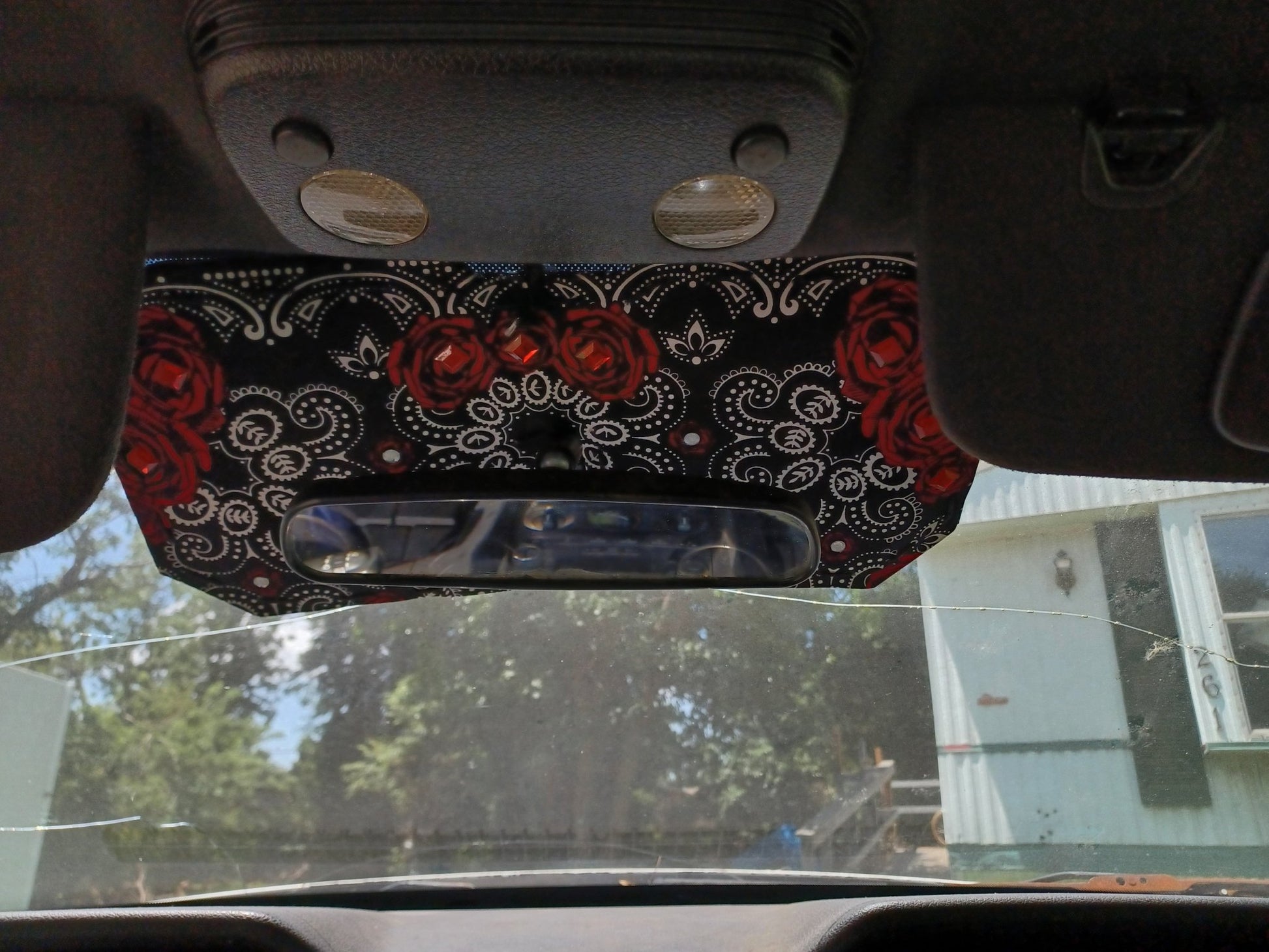 Black Bandana Car Visor with Red Roses & Gemstone Accents for Stylish Sun Protection - Dot's Car Visors