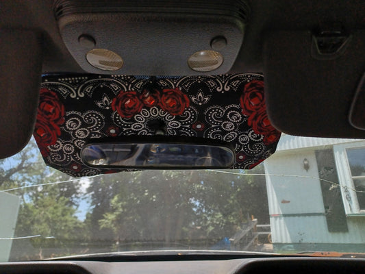 Black Bandana Car Visor with Red Roses & Gemstone Accents for Stylish Sun Protection - Dot's Car Visors