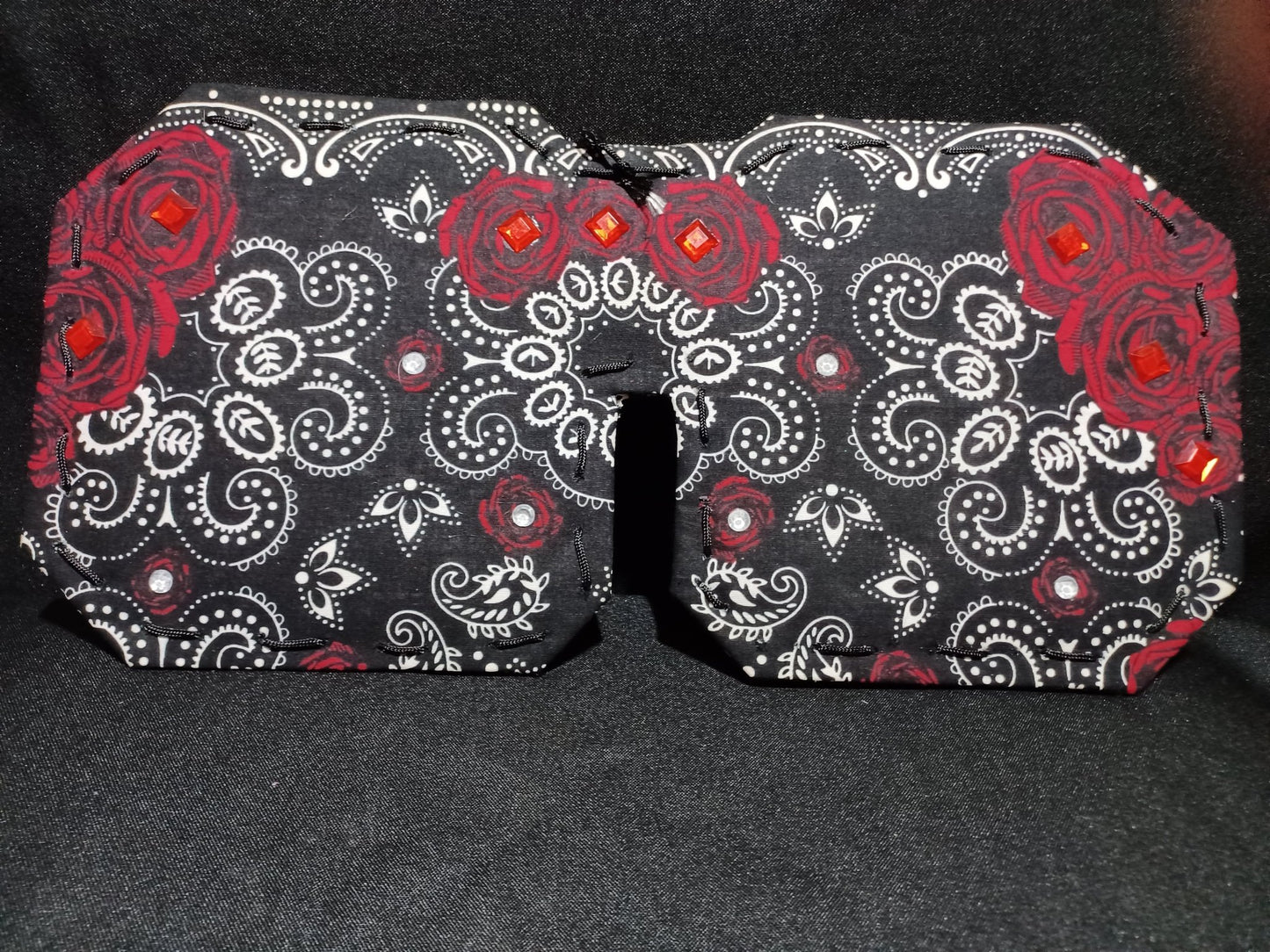 Black Bandana Car Visor with Red Roses & Gemstone Accents for Stylish Sun Protection - Dot's Car Visors