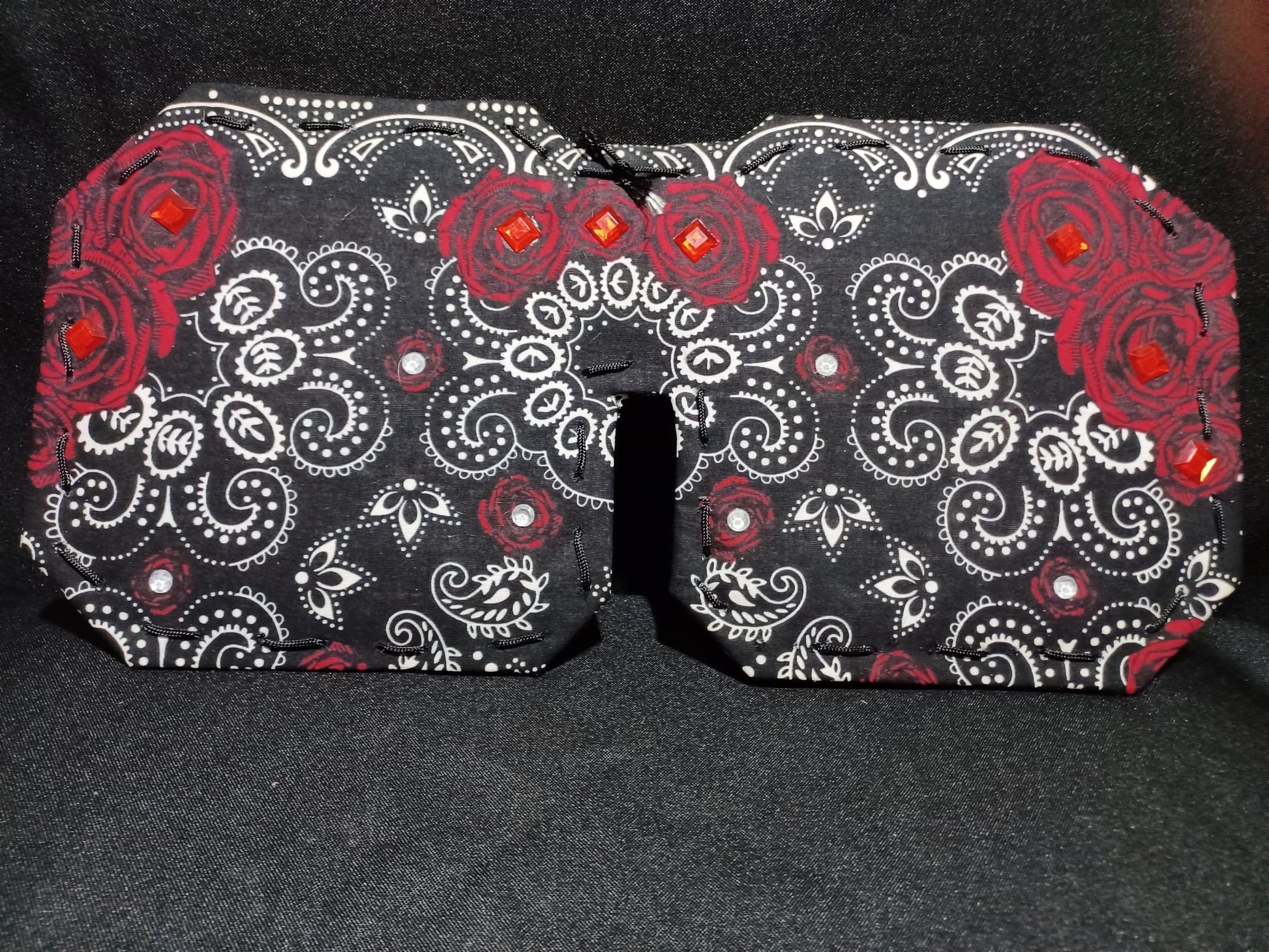 Black Bandana Car Visor with Red Roses & Gemstone Accents for Stylish Sun Protection - Dot's Car Visors