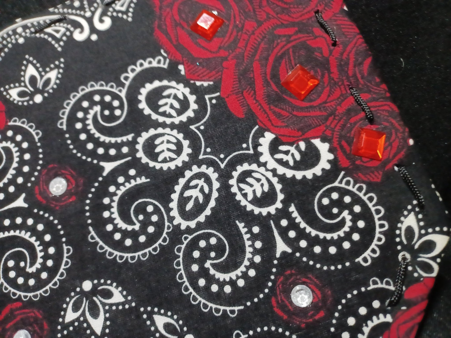 Black Bandana Car Visor with Red Roses & Gemstone Accents for Stylish Sun Protection - Dot's Car Visors