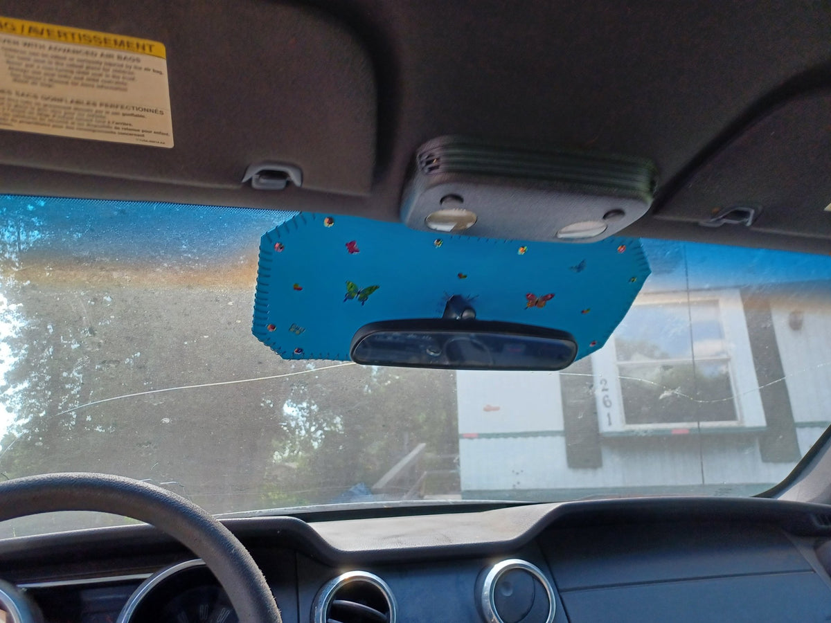 Blue Butterfly Car Visor – Sparkling Gems Handmade Sunshade, Veteran-Made by Dot's Car Visors